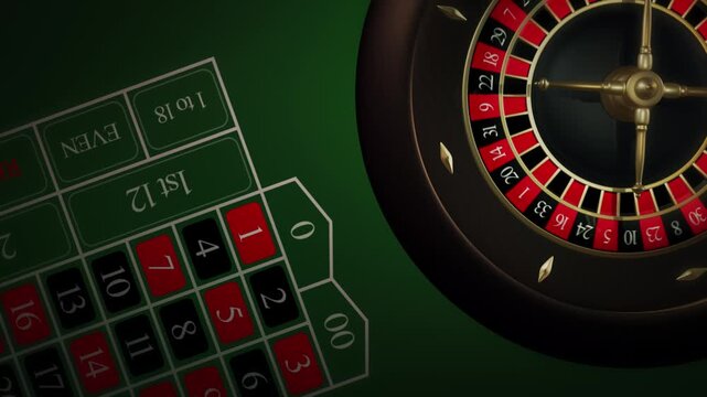 Casino roulette wheel spinning on a green gambling table. Flat lay, detail video loop. A 3D graphics background ideal for intros, promos or transitions