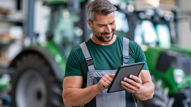 Tractor mechanic using a tablet for digital equipment diagnostics, smart agriculture, connected machinery, predictive maintenance, farm technology, digital diagnostics,