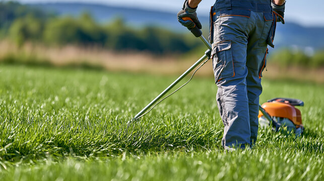 Faceless farm worker operating a manual grass trimmer in a large green field, landscaping equipment, agricultural labor, vegetation management, lawn maintenance, outdoor rural