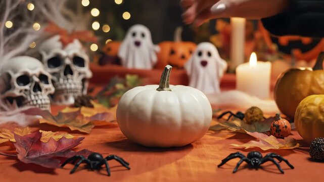 Hand reaching for white pumpkin with halloween props