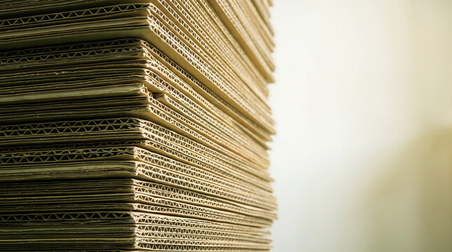 A tall, vertical stack of brown corrugated cardboard sheets showing layered edges, textures, and parallel lines against a light, blurred background