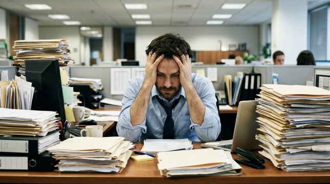 Man sits overwhelmed, head in hands, surrounded by towering stacks of papers. Office clutter reflects stress and exhaustion. He's trapped in endless work, buried under deadlines