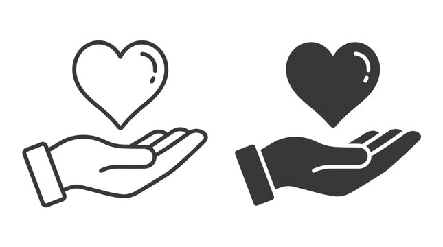 Hand holding a heart icon in outline and solid black for symbol of care, love, and donation