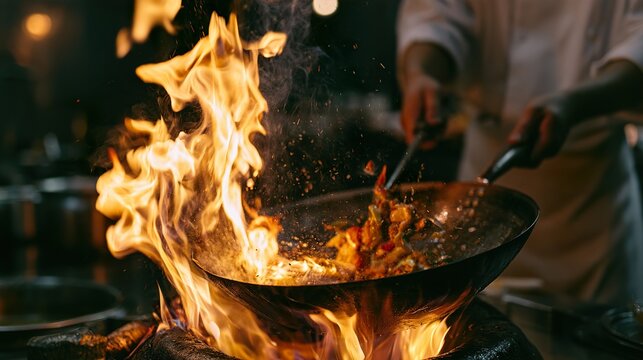 Chef cooking with dramatic flames in wok at professional restaurant kitchen.
