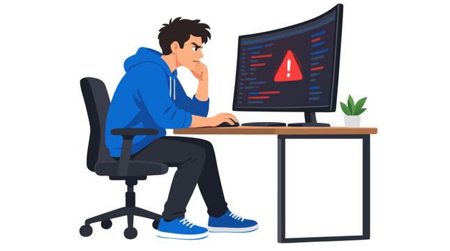 Focused programmer squinting at glowing error warning icon on curved monitor, frustrated developer troubleshooting bug at desk, bold flat colors, clean white background, vector illustration