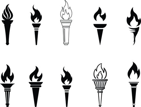 fire flame torch icon set vector art silhouette design Burn Fireball concept icon pack. Hot illustration. Bonfire creative collection symbol of victory, success or achievement. transparent background