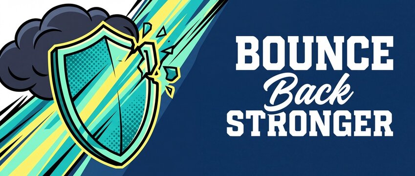 Bounce Back Stronger motivational banner with a cracked defensive shield in pop art comic style, symbolizing resilience, quick recovery, mental strength, overcoming adversity, and business success.