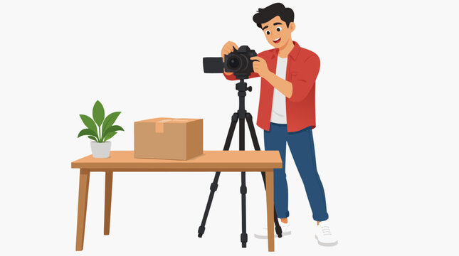 Cheerful young male content creator adjusting DSLR camera on tripod before filming product unboxing video with cardboard box on wooden table in bright flat vector illustration studio setup