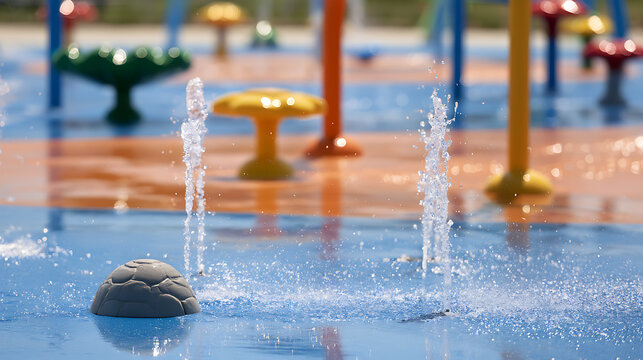 Vibrant outdoor splash pad featuring colorful water fountains, playful structures, and refreshing water jets in a public recreation park