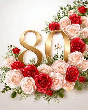 Luxurious 80th birthday greeting card design with golden number and elegant roses