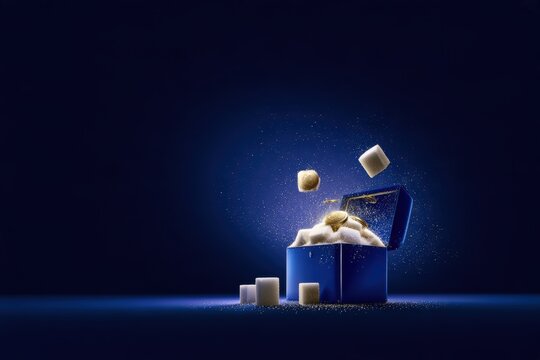 Elegant treasure chest filled with sugar crystals and cubes on dark background