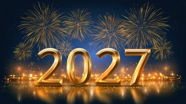 Luxurious New Year 2027 greeting card with metallic gold numbers and sparkling fireworks