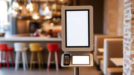 Fototapeta premium Interactive self-service kiosk with blank white screen for menu order inside modern fast food restaurant with blur interior background display