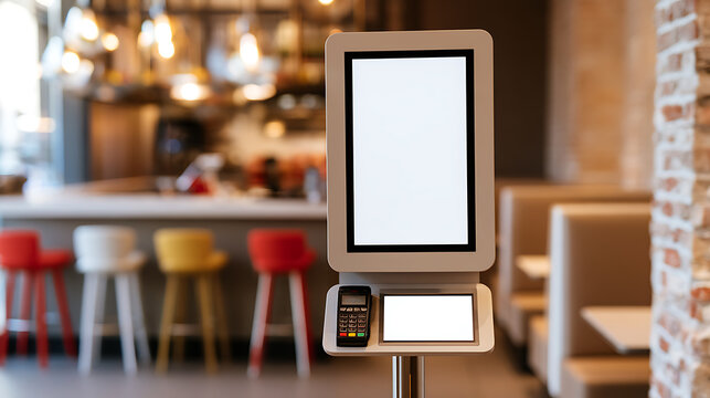 Interactive self-service kiosk with blank white screen for menu order inside modern fast food restaurant with blur interior background display