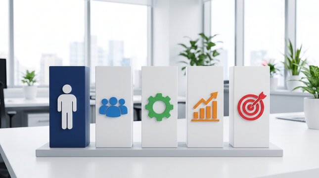 Five vertical blocks displaying colorful icons representing personal profile, team, settings, growth chart, and target
