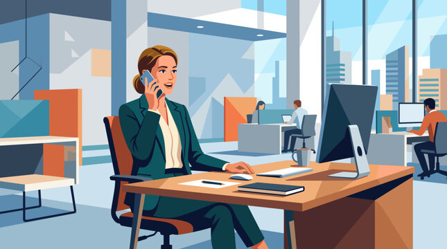 Office manager woman talking on smartphone at wooden desk in open plan office with colleagues. Perfect for business presentation slides, corporate websites, remote work articles.