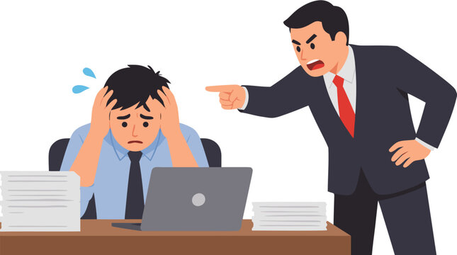 Aggressive boss in dark charcoal suit shouting and pointing an angry finger at an anxious stressed male employee sitting at office desk with laptop vector illustration on white backdrop