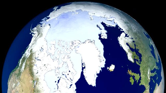 North Pole Arctic Ice Cap: Seasonal Change 3D Animation. Planet Earth rotating from a high altitude view over the North Pole, visualizing the seasonal change and shrinking of the permanent Arctic 