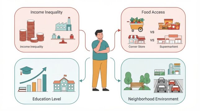 How income inequality, food access, education level, and neighborhood environment relate to obesity and weight issues.