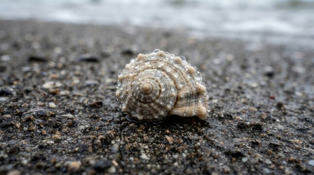 Spiral Seashell Covered with Fresh Water Droplets on Wet Beach by the Sea