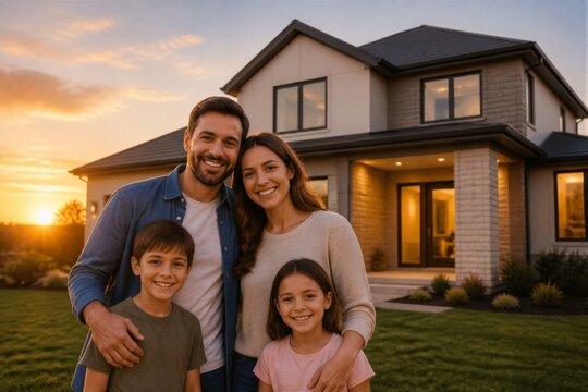 Happy family standing outside house during golden hour