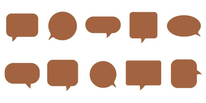 Collection of brown speech bubbles and chat boxes in various shapes and sizes provides versatile communication elements for ui design messaging apps and social media graphics on white background.