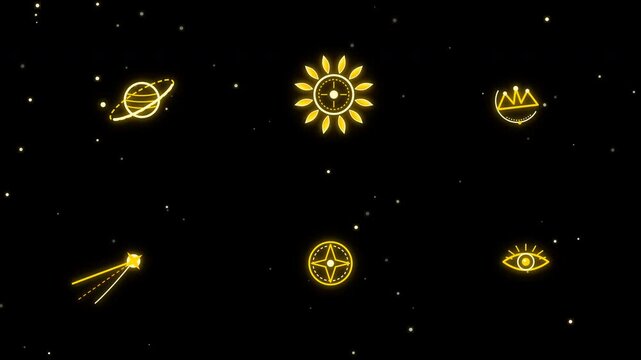 golden astrology icons glowing on dark starry background for mystical and esoteric designs