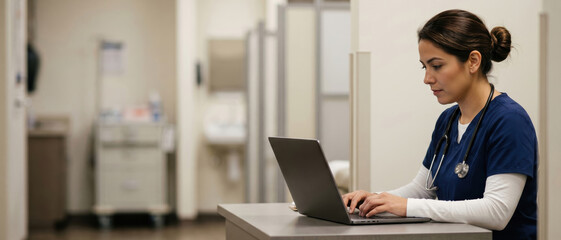 Fototapeta na wymiar Female doctor with a stethoscope working on a laptop in a hospital ward. Medical professional nurse typing electronic health records in a clinic. Healthcare technology concept