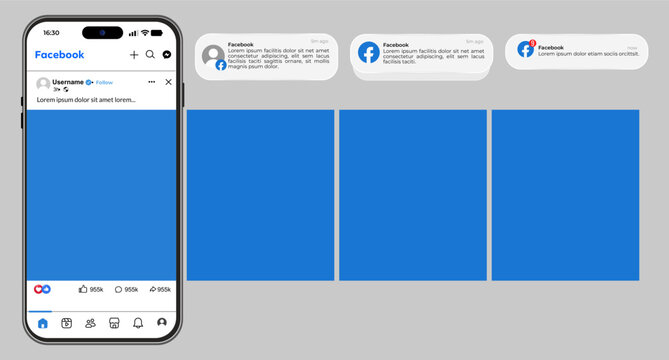 Facebook mobile app mockup, vector social media feed, modern smartphone user interface design