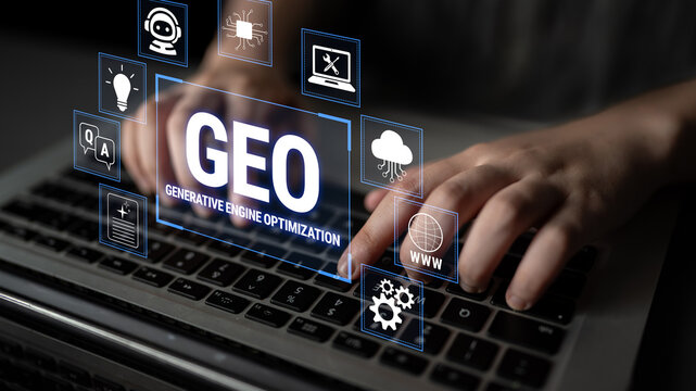 Hands Typing on a Laptop with Graphics Illustrating Geo-Based Optimization Concepts and Digital Interface Elements for Marketing Strategies Fluxor.