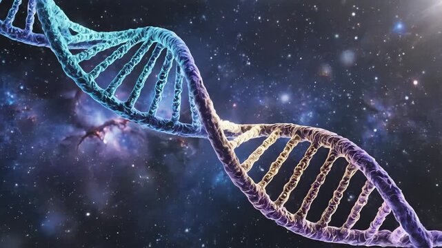 DNA double helix structure floating in a cosmic starry background