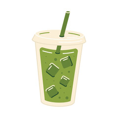 Fototapeta premium Japan matcha latte. Cartoon ice matcha latte icon, healthy green tea drink, iced latte in plastic cup to go. Vector flat Illustration on white background