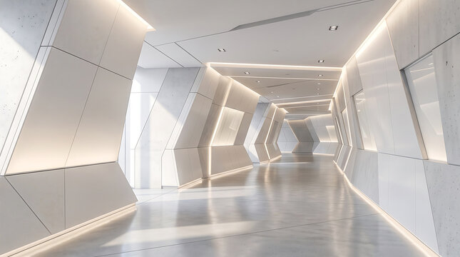 Perspective view of a futuristic white corridor with angled wall panels, recessed linear led strip lighting, and a polished concrete floor in a minimalist architectural interior space