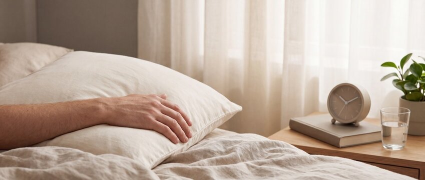 Mans hand resting on a soft pillow in bed beside a nightstand with an alarm clock and glass of water in cozy morning light