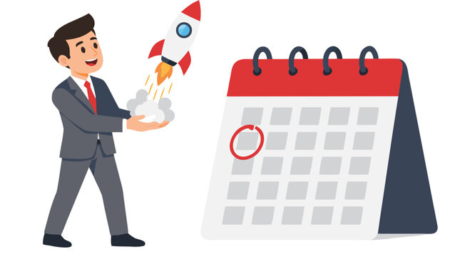 Excited businessman launching a small white and red rocket ship from his open hands beside a large wall calendar with a circled date, flat vector illustration in charcoal grey and red