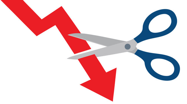 Large blue scissors cutting across a plunging red downward arrow to stop financial loss, flat vector illustration showing economic crisis intervention, inflation control and budget rescue