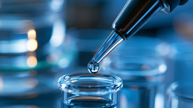 Laboratory pipette dispensing a precise drop of liquid into a vial, blue tones, meticulous research, with copy space