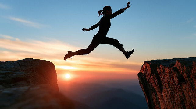 Faceless silhouette of a man joyfully leaping across a chasm from one year to the next, sunset mountain landscape, with copy space