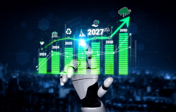 Futuristic Robot Hand Interacting with Growth Graphs and Projections for Sustainable Development to 2050 in Digital Environment Sigmoid