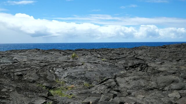 Strong Winds Over Black Lava Coast and Pacific Ocean on Hawaii Island