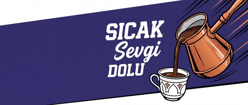 Turkish Coffee Cezve Pot Pouring into small fincan cup pop art retro vector banner with Turkish typography text Sicak Sevgi Dolu for cafe advertising layout background template with copy space