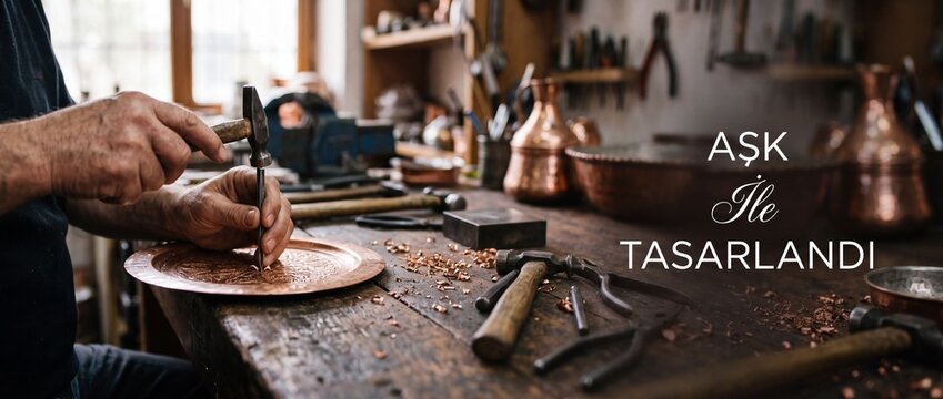 Coppersmith artisan hammering copper plate in traditional workshop crafting handmade metalware with chisel tool, authentic craftsmanship concept, vintage atelier detail. Designed with love banner.