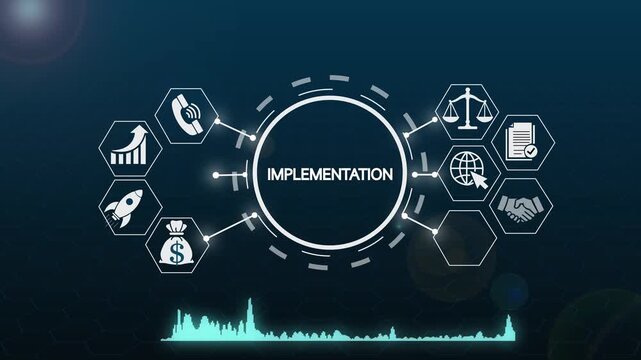 Business implementation strategy concept with digital hud interface and hexagon icons management