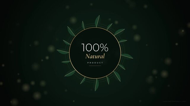 Natural product badge video animation featuring green leaves and glowing gold frame motion clip