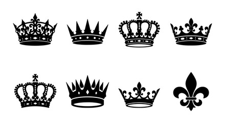 Crown silhouettes set with royal emblems and fleur de lis for logo and signage © Mukta