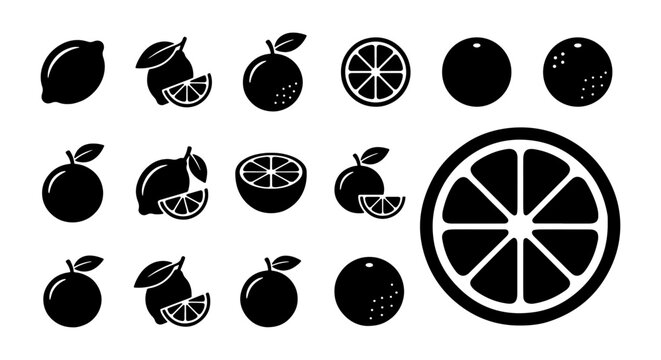 Citrus fruit silhouettes set with lemons, oranges and slices for logos and signage