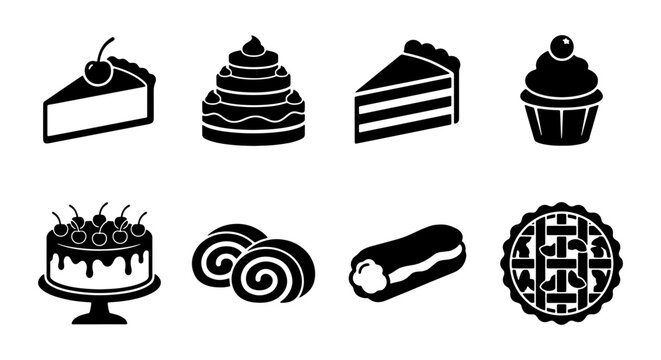 Dessert silhouettes set with cake, cupcake, pie, eclair and slices for bakery logo