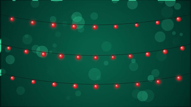 Glowing red christmas lights string hanging with festive bokeh background motion video clip loop