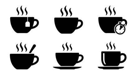 Fototapeta premium Hot coffee and tea cup silhouettes set with steam, spoon and timer for cafe logos and signage