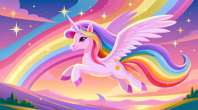 Colorful winged unicorn soaring over a vibrant rainbow landscape at dusk, with copy space